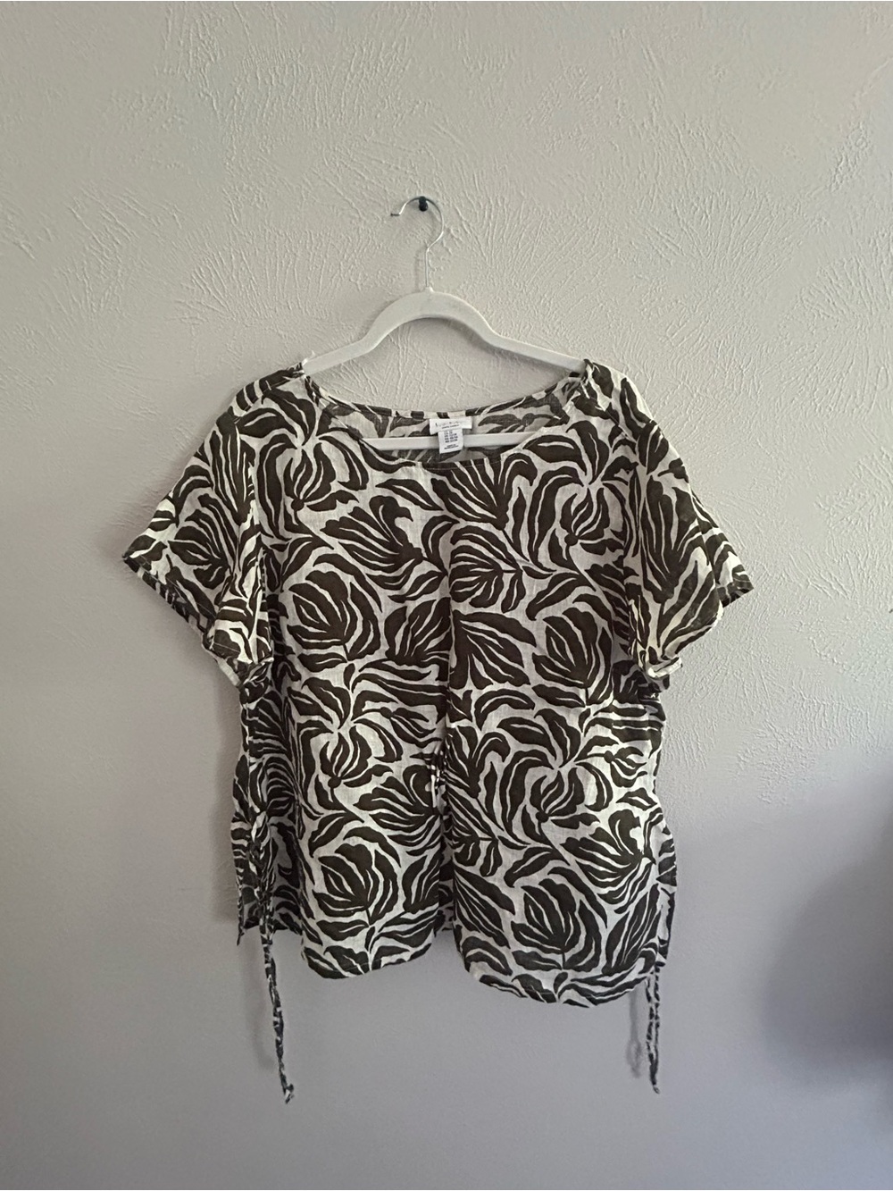 100% Linen Dark Green&White Floral Top
